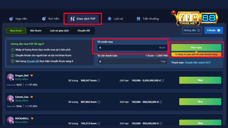 Cách tham gia khuyến mãi nạp tiền P2P tin88