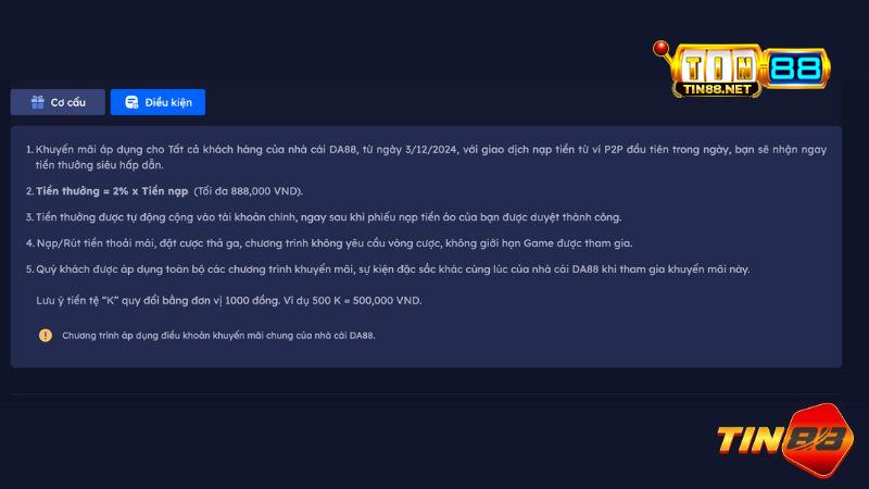 Điều kiện tham gia chương trình khuyến mãi nạp tiền P2P